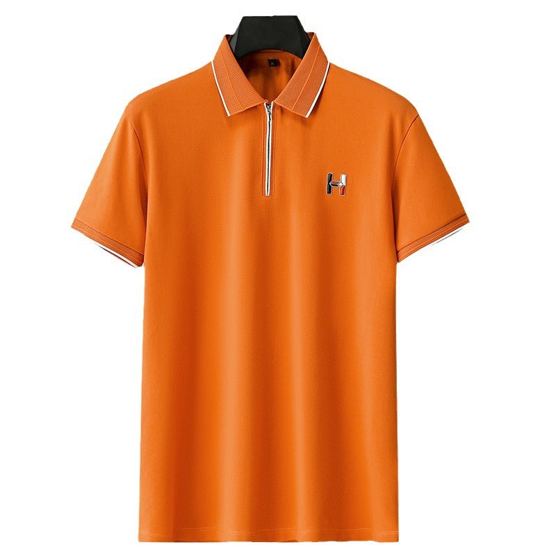 Zipper Polo Knit Half Sleeve Orange T-shirt -