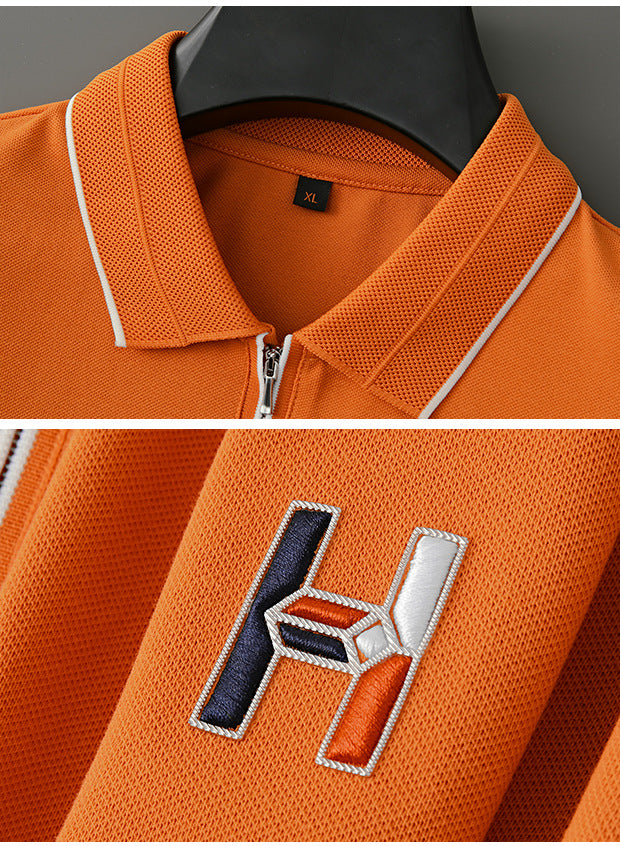 Zipper Polo Knit Half Sleeve Orange T-shirt -